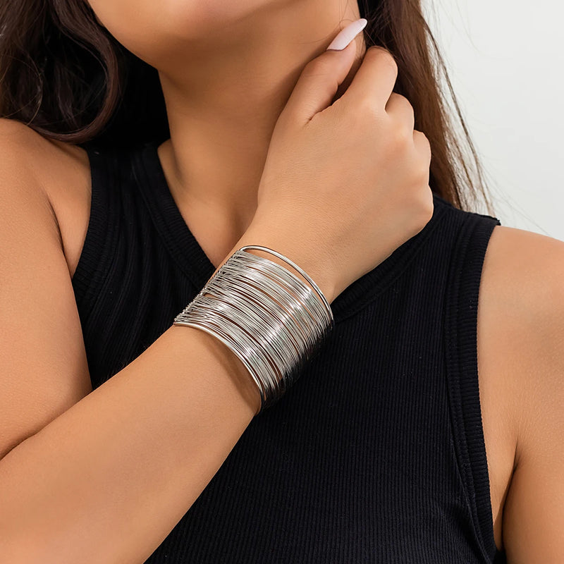 Ingemark Exaggerated Multilayer Thin Wire Open Bangle Women Trendy Punk Hip Hop Wave Cuff Bracelets Grunge Jewelry Steampunk Men