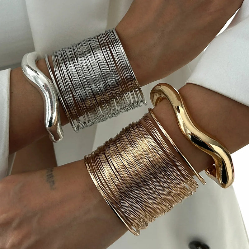 Ingemark Exaggerated Multilayer Thin Wire Open Bangle Women Trendy Punk Hip Hop Wave Cuff Bracelets Grunge Jewelry Steampunk Men