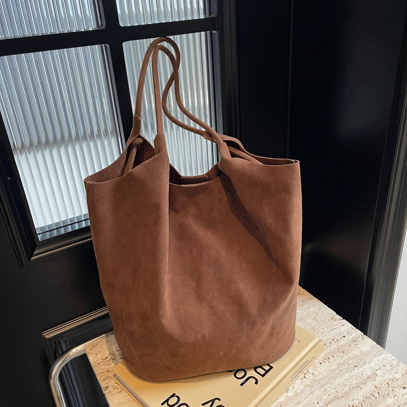 Suede Sewing Thread Retro Women's Shoulder Bags Zipper Casual Versatile 2024 New Solid Colors High Capacity Casual Tote