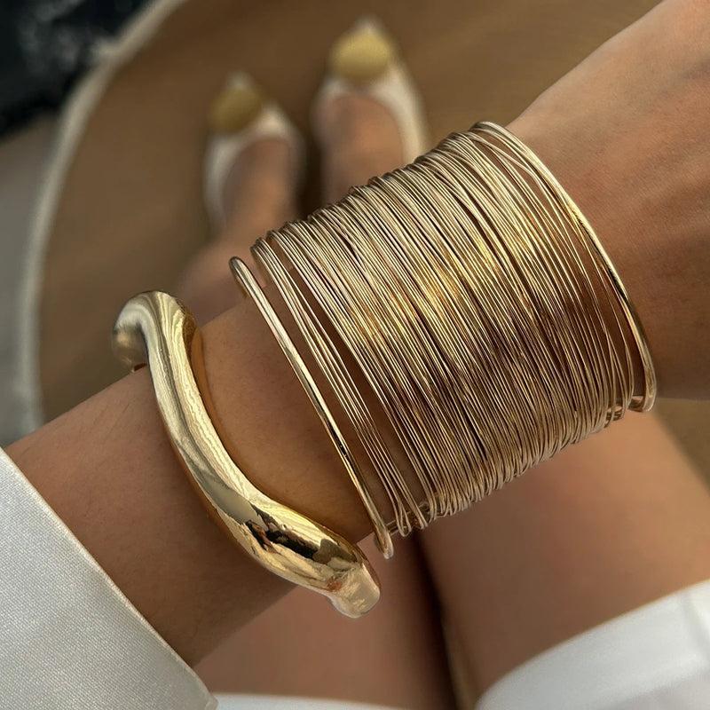 Ingemark Exaggerated Multilayer Thin Wire Open Bangle Women Trendy Punk Hip Hop Wave Cuff Bracelets Grunge Jewelry Steampunk Men