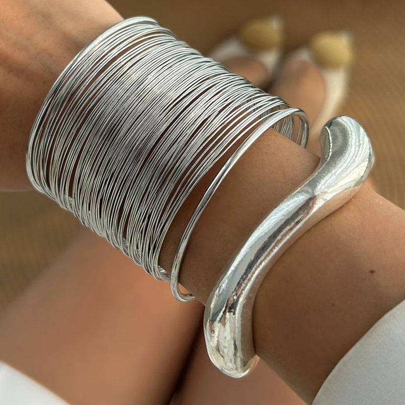 Ingemark Exaggerated Multilayer Thin Wire Open Bangle Women Trendy Punk Hip Hop Wave Cuff Bracelets Grunge Jewelry Steampunk Men
