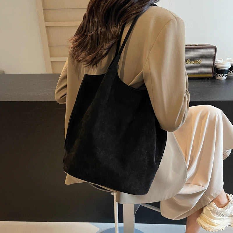 Suede Sewing Thread Retro Women's Shoulder Bags Zipper Casual Versatile 2024 New Solid Colors High Capacity Casual Tote