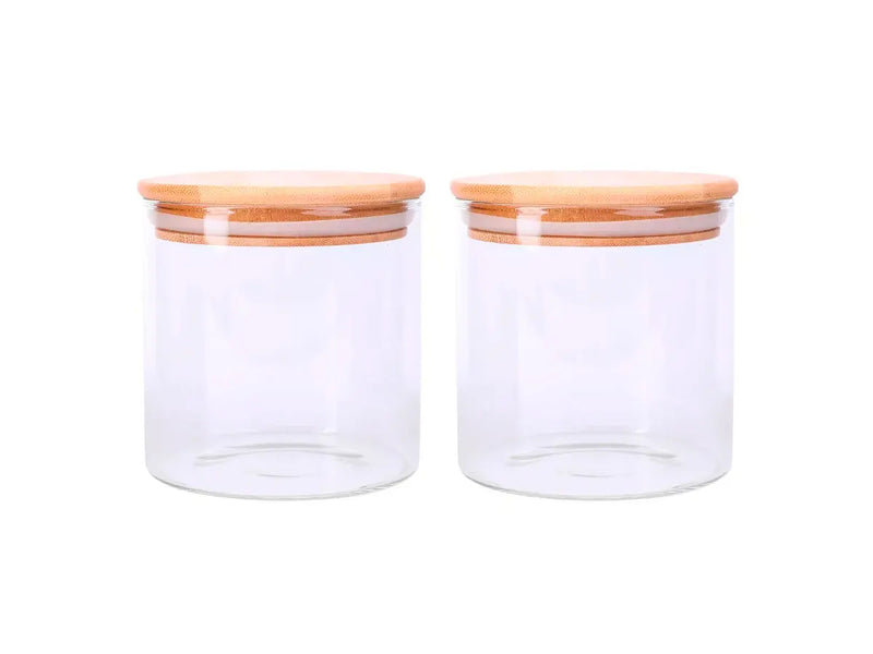 Kit 2 500ml Glass Pots With Wooden Lid Bamboo Door Condiments