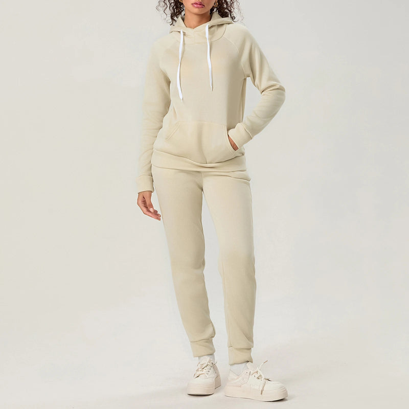 Women's 2Pieces Running Sets Solid Color Sportswear Long Sleeve Hoodies with Front Pocket Drawstring Long Pants Tracksuits