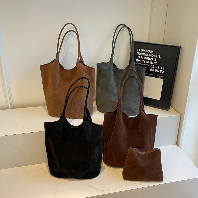 Suede Sewing Thread Retro Women's Shoulder Bags Zipper Casual Versatile 2024 New Solid Colors High Capacity Casual Tote
