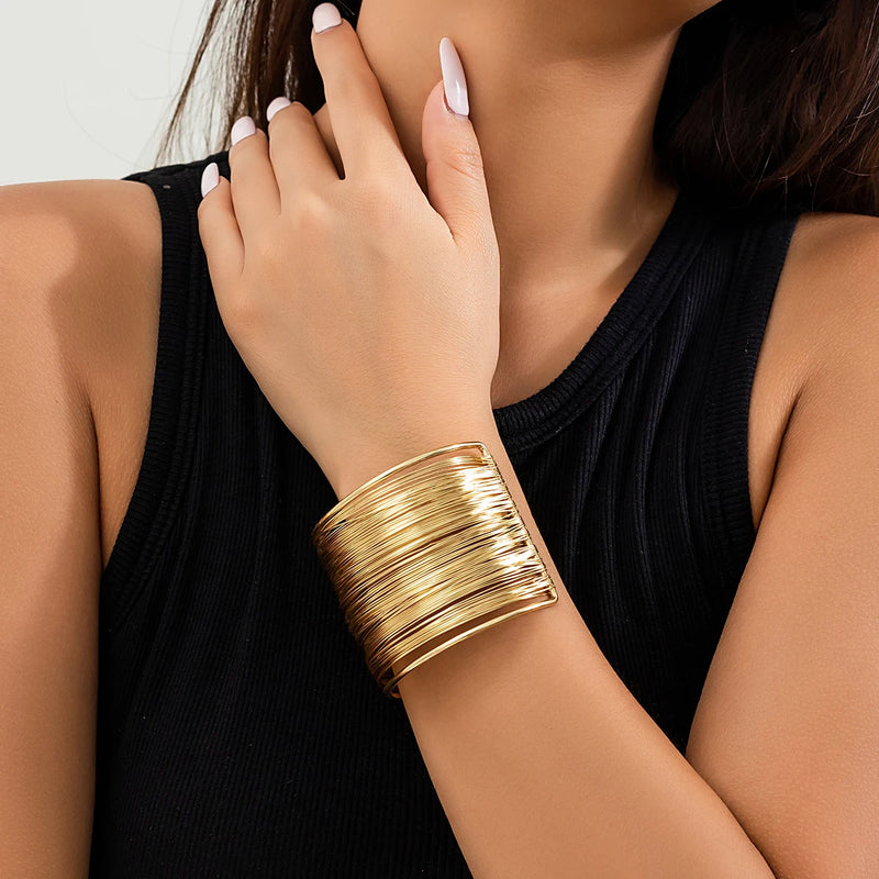Ingemark Exaggerated Multilayer Thin Wire Open Bangle Women Trendy Punk Hip Hop Wave Cuff Bracelets Grunge Jewelry Steampunk Men
