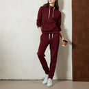 Women's 2Pieces Running Sets Solid Color Sportswear Long Sleeve Hoodies with Front Pocket Drawstring Long Pants Tracksuits