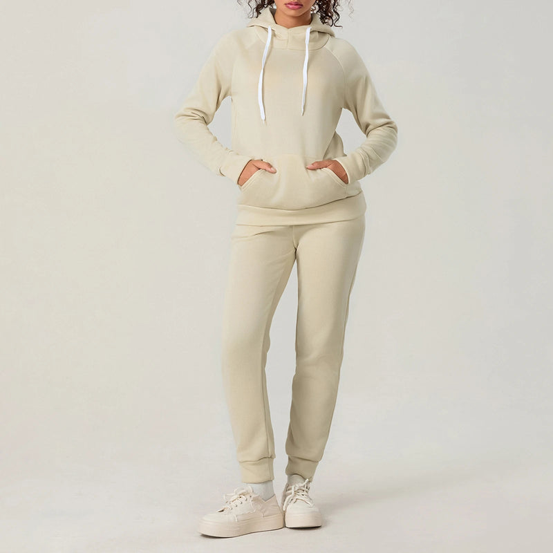 Women's 2Pieces Running Sets Solid Color Sportswear Long Sleeve Hoodies with Front Pocket Drawstring Long Pants Tracksuits